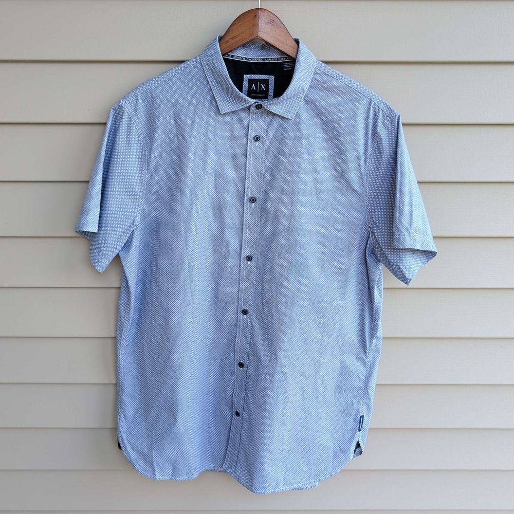 Armani Exchange Button Down Shirt Mens XL Blue Geometric Print Short Sleeve Slim